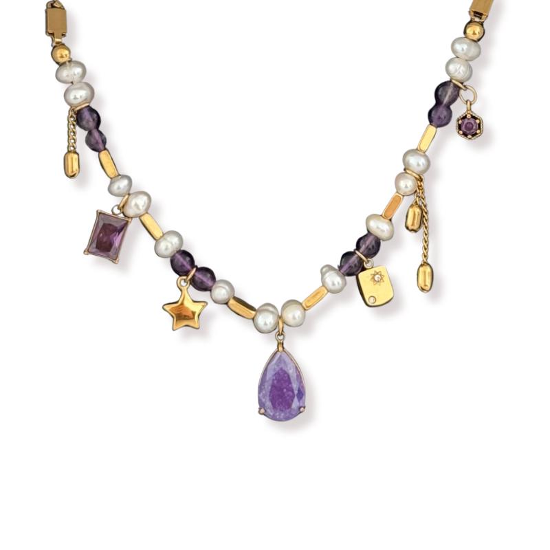 Amethyst Freshwater Pearls & Charms Waterproof Necklace