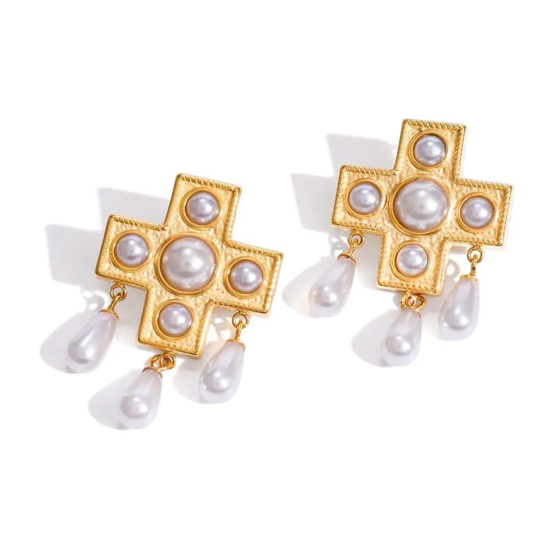 Pearl Statement Cross Earrings