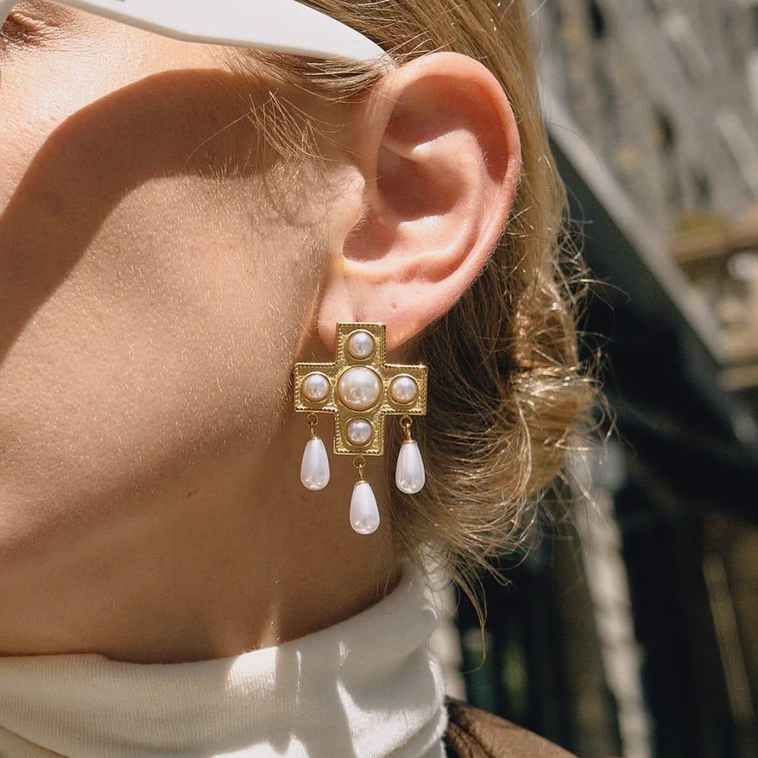 Pearl Statement Cross Earrings