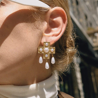 Pearl Statement Cross Earrings
