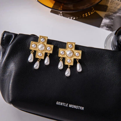 Pearl Statement Cross Earrings